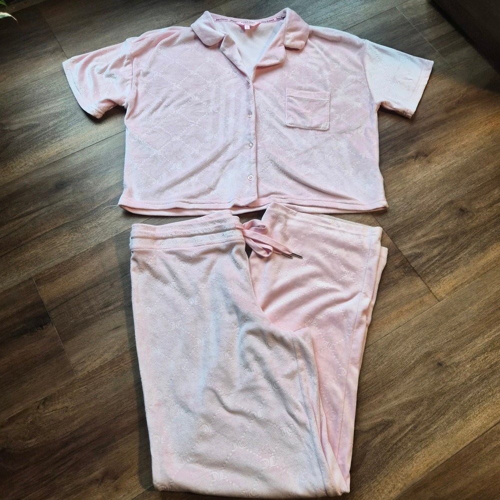Juicy Couture Pink Velour Monogram Pajama Set Short Sleeve Large Barbiecore Y2K